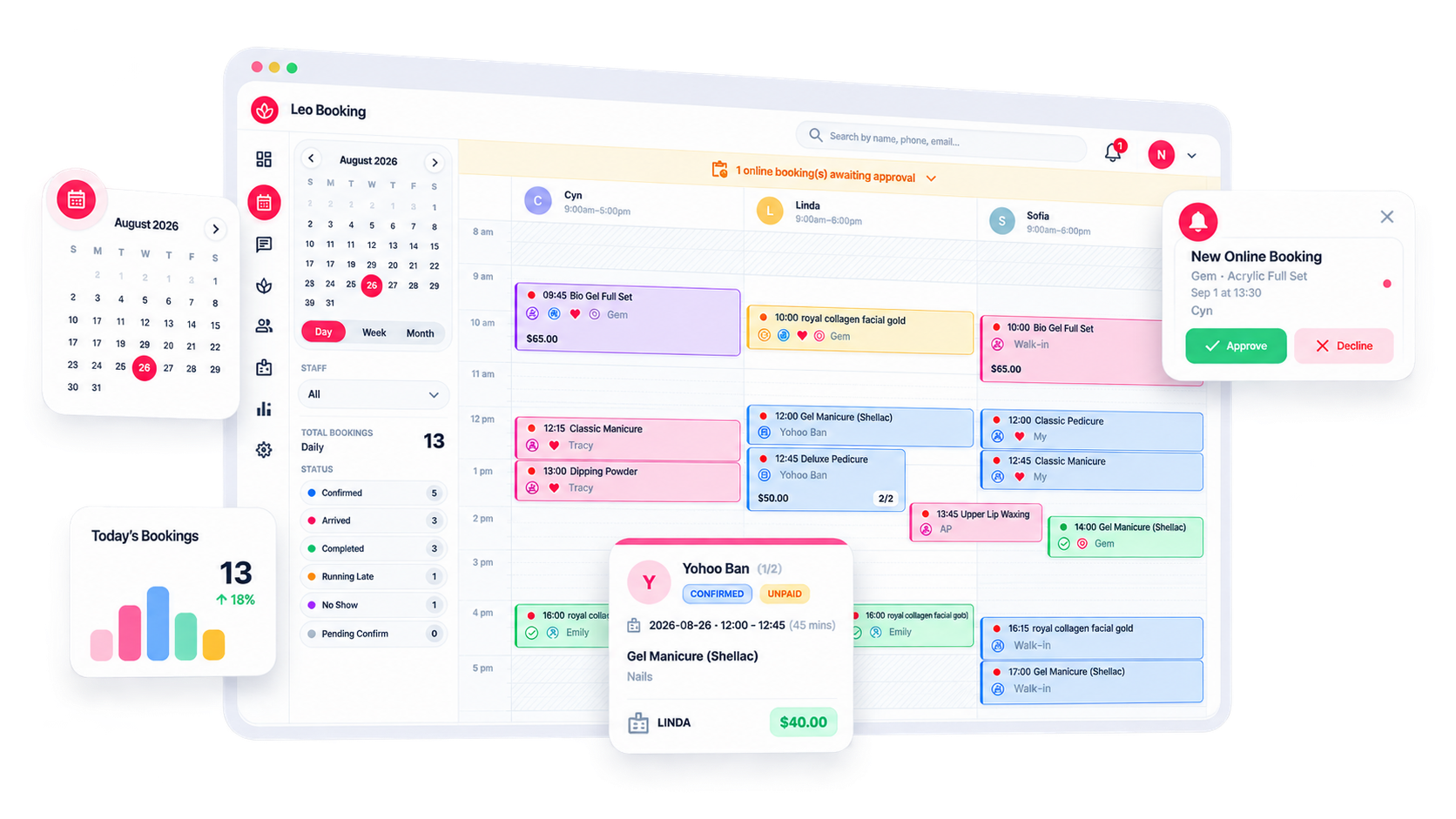 Leo Booking Multi-Device Schedule Dashboard Mockup